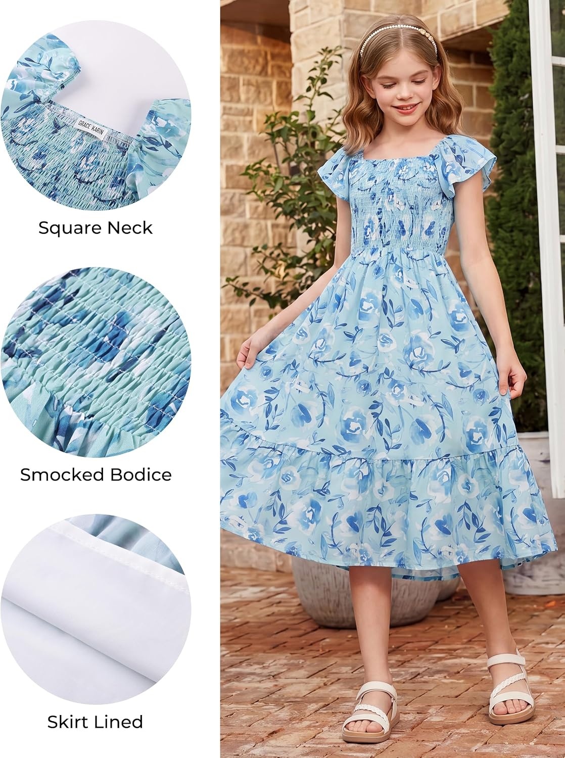 image:imageGRACE KARIN Girls Flutter Sleeve Floral Maxi Dress Spring Summer 616YGreen Blue Floral
