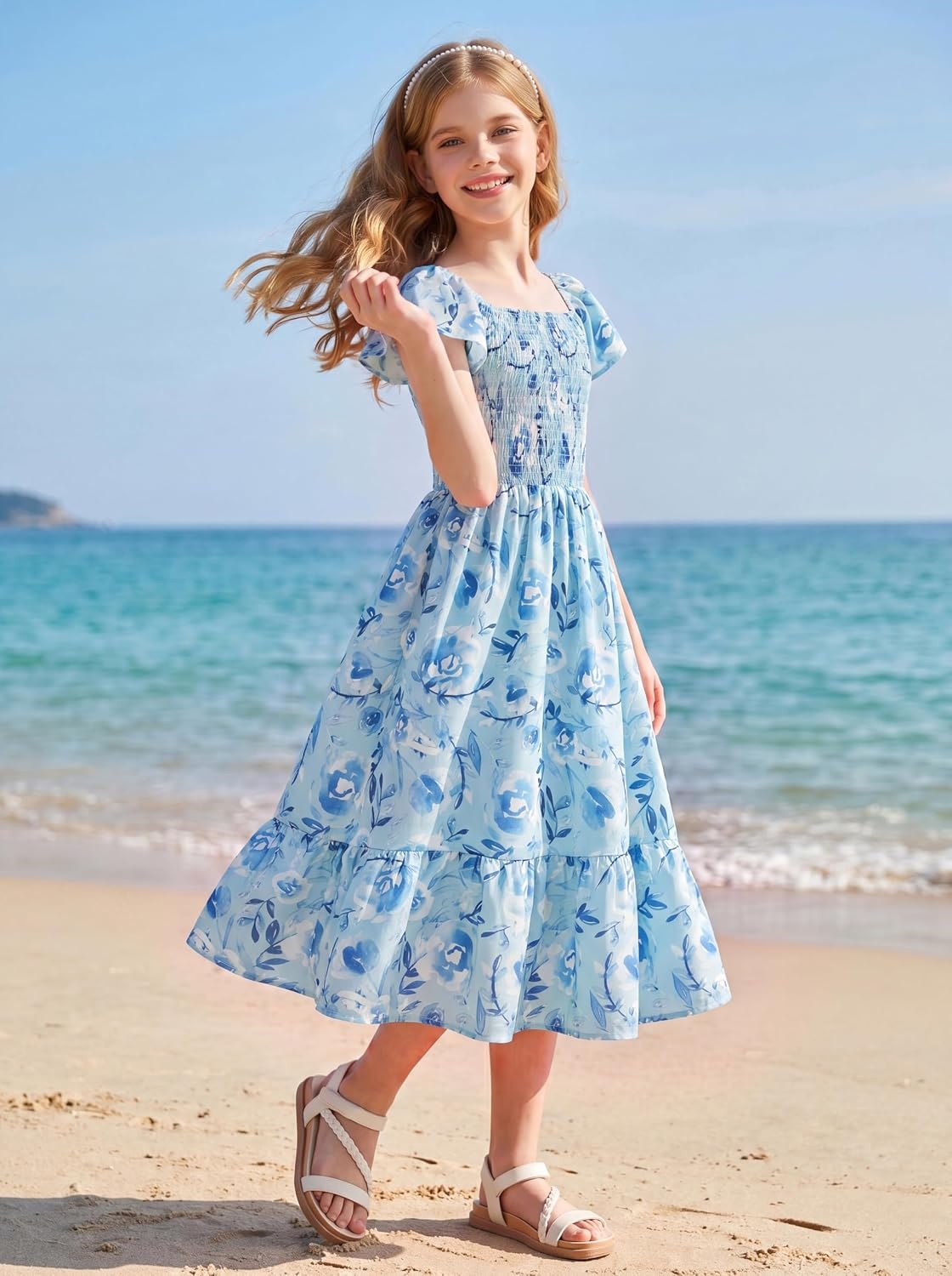 image:imageGRACE KARIN Girls Flutter Sleeve Floral Maxi Dress Spring Summer 616YGreen Blue Floral