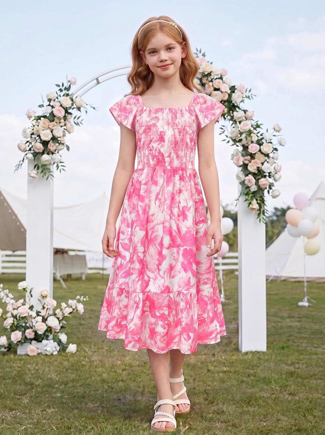 image:imageGRACE KARIN Girls Flutter Sleeve Floral Maxi Dress Spring Summer 616YHot Pink Floral