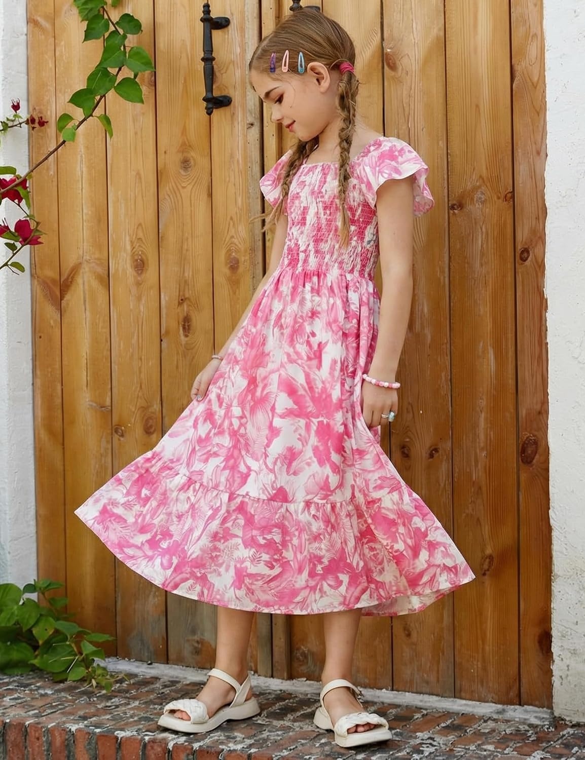 image:imageGRACE KARIN Girls Flutter Sleeve Floral Maxi Dress Spring Summer 616YHot Pink Floral