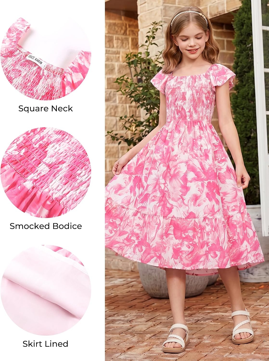 image:imageGRACE KARIN Girls Flutter Sleeve Floral Maxi Dress Spring Summer 616YHot Pink Floral