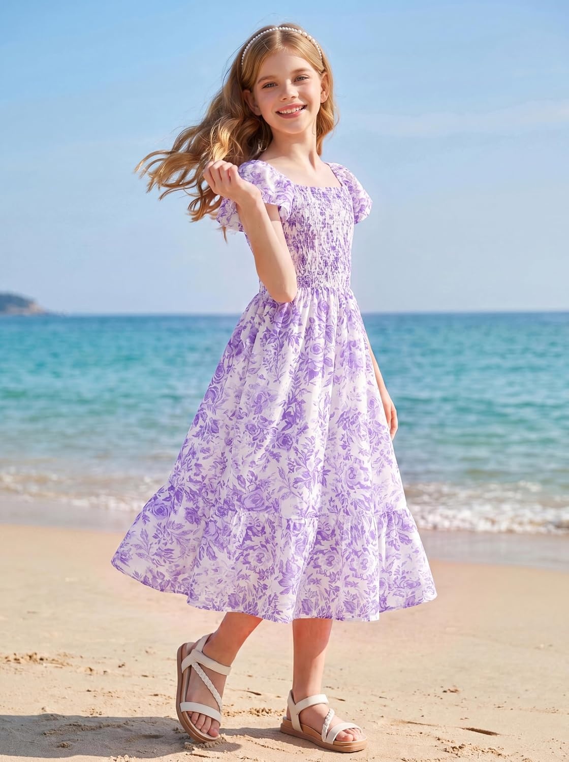 image:imageGRACE KARIN Girls Flutter Sleeve Floral Maxi Dress Spring Summer 616YLavender Floral