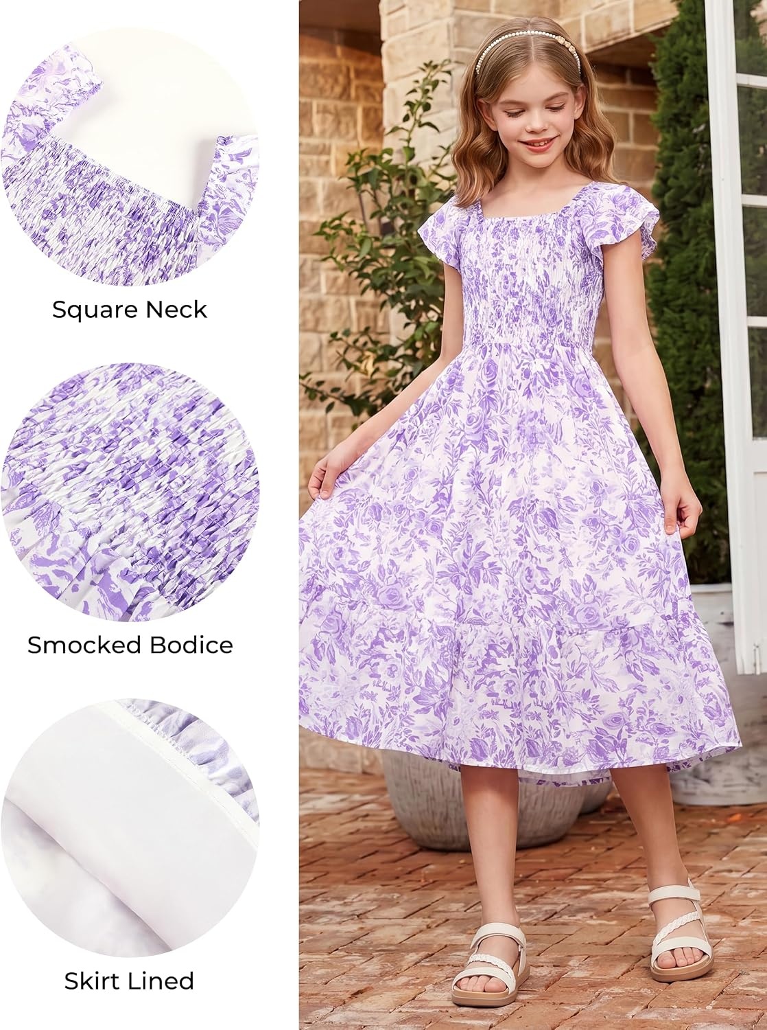 image:imageGRACE KARIN Girls Flutter Sleeve Floral Maxi Dress Spring Summer 616YLavender Floral