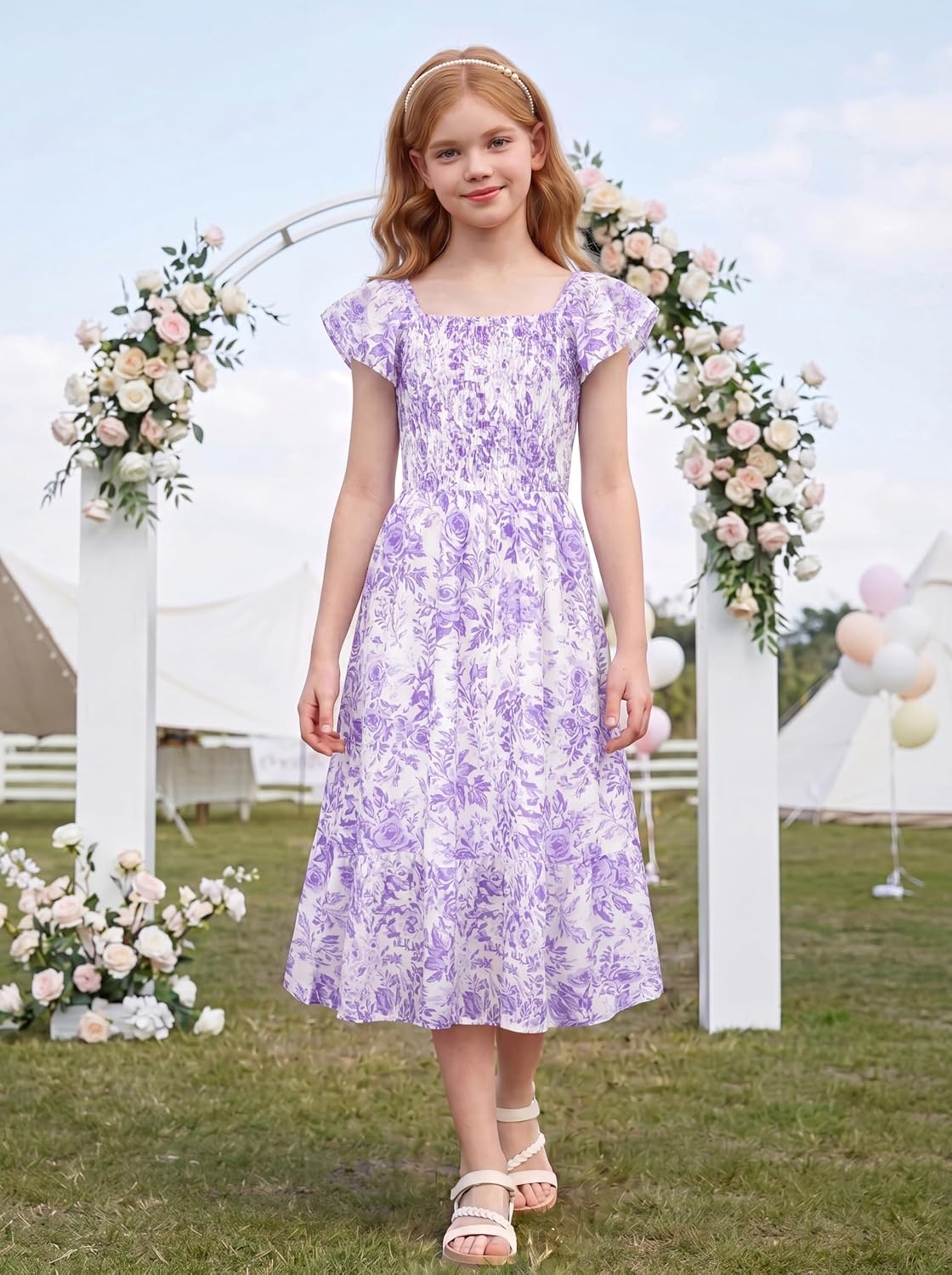 image:imageGRACE KARIN Girls Flutter Sleeve Floral Maxi Dress Spring Summer 616YLavender Floral