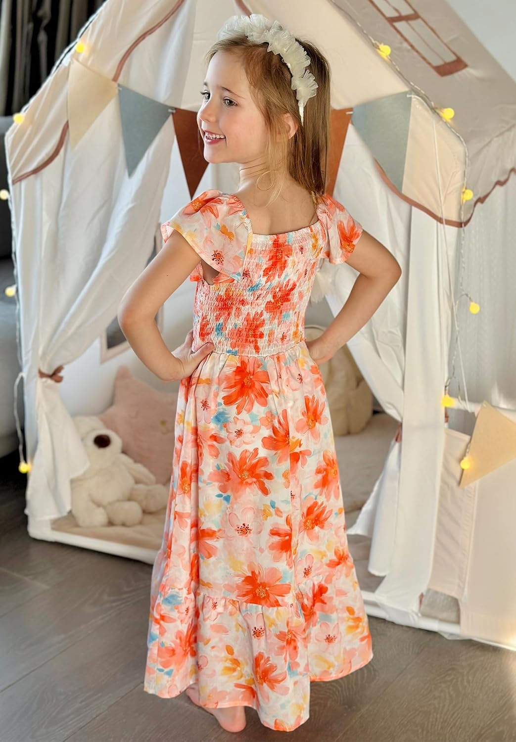 image:imageGRACE KARIN Girls Flutter Sleeve Floral Maxi Dress Spring Summer 616YOrange Floral