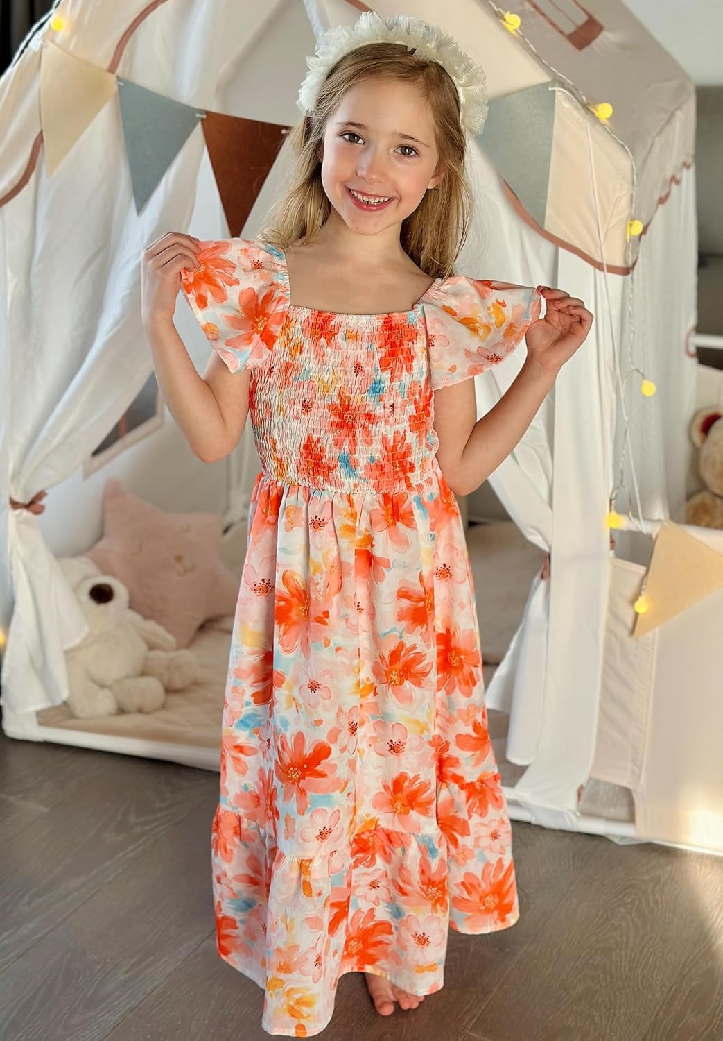 image:imageGRACE KARIN Girls Flutter Sleeve Floral Maxi Dress Spring Summer 616YOrange Floral