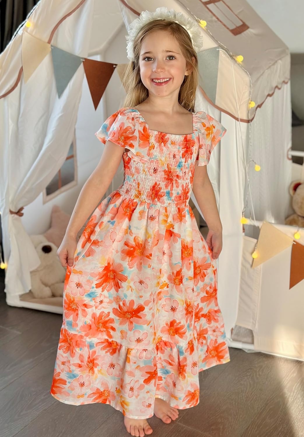 image:imageGRACE KARIN Girls Flutter Sleeve Floral Maxi Dress Spring Summer 616YOrange Floral
