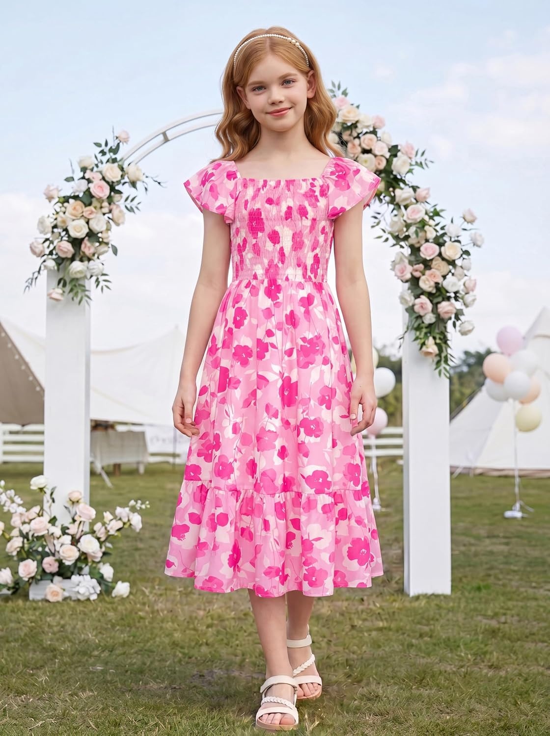 image:imageGRACE KARIN Girls Flutter Sleeve Floral Maxi Dress Spring Summer 616YRose Red Flowers