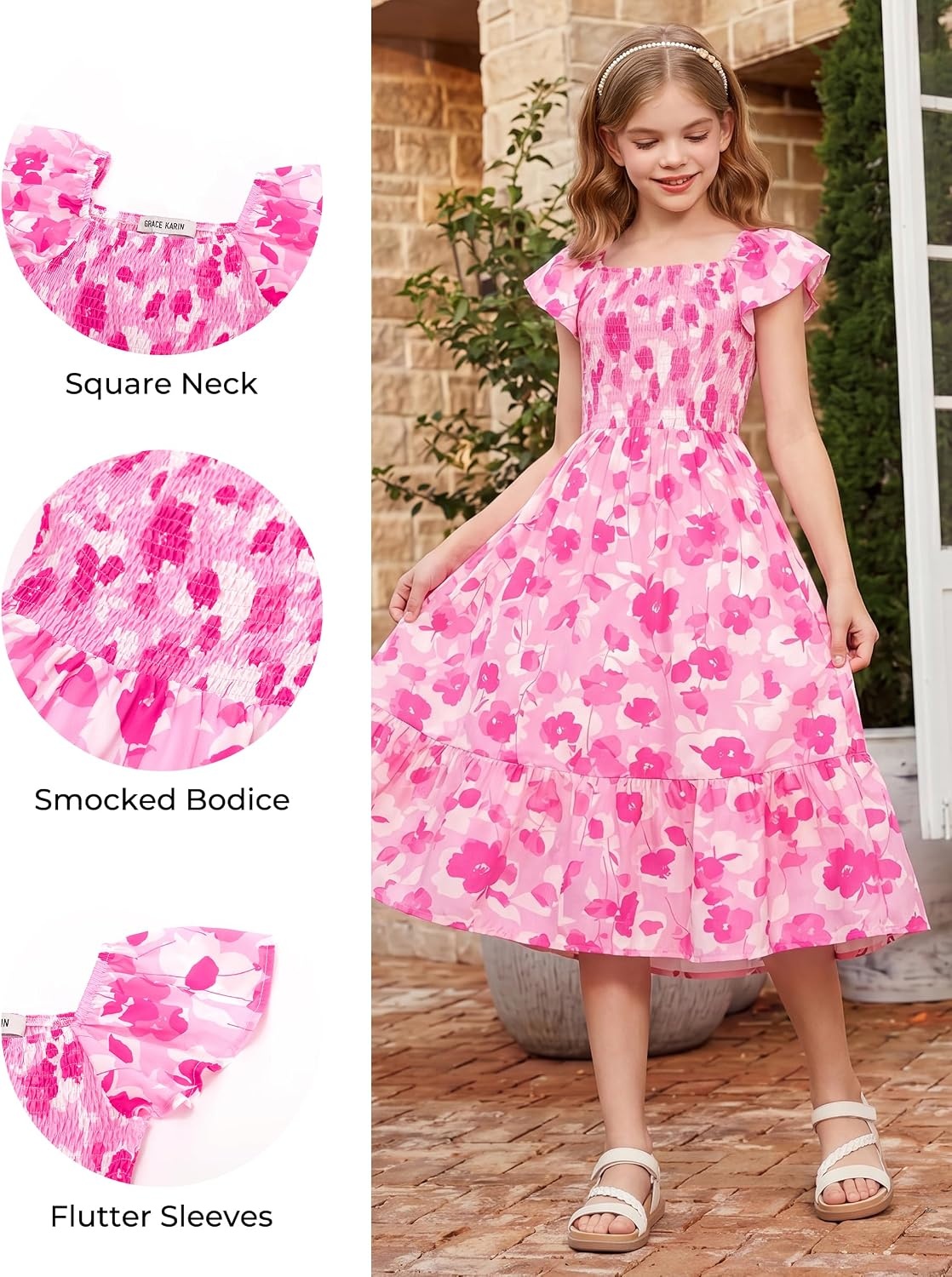 image:imageGRACE KARIN Girls Flutter Sleeve Floral Maxi Dress Spring Summer 616YRose Red Flowers