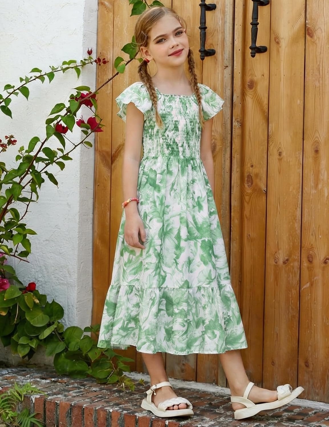 image:imageGRACE KARIN Girls Flutter Sleeve Floral Maxi Dress Spring Summer 616YSage Green Floral