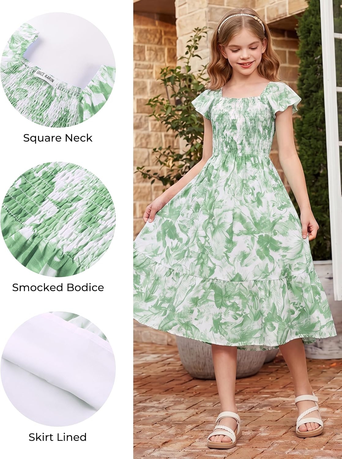 image:imageGRACE KARIN Girls Flutter Sleeve Floral Maxi Dress Spring Summer 616YSage Green Floral