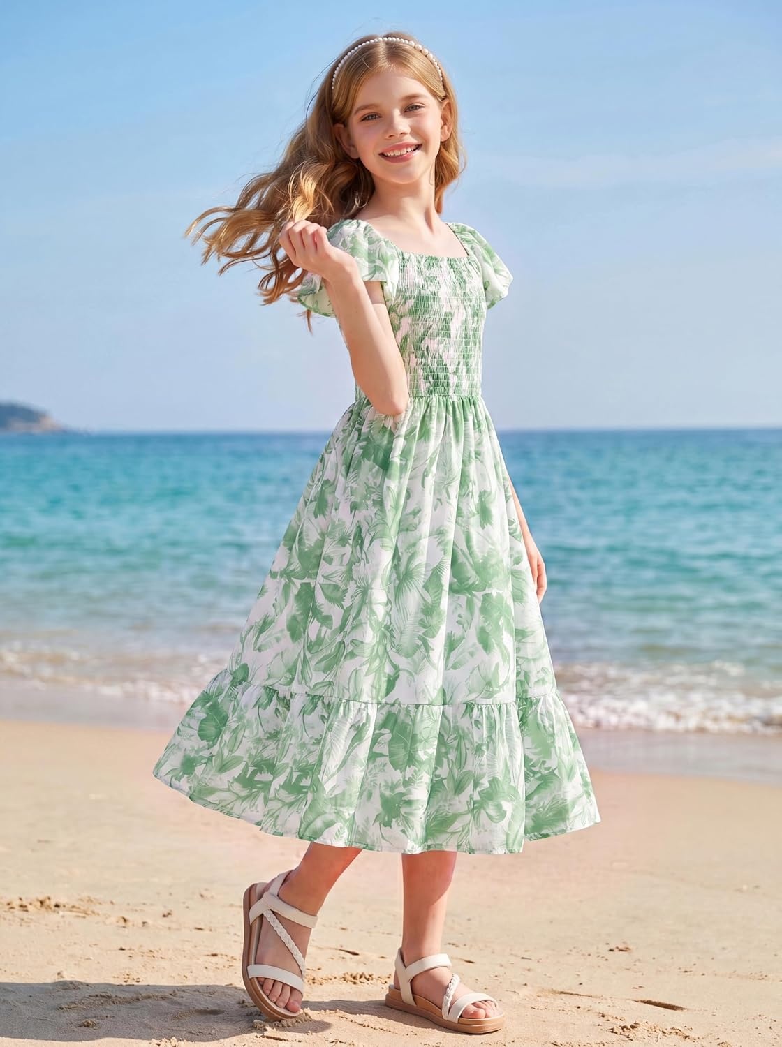 image:imageGRACE KARIN Girls Flutter Sleeve Floral Maxi Dress Spring Summer 616YSage Green Floral