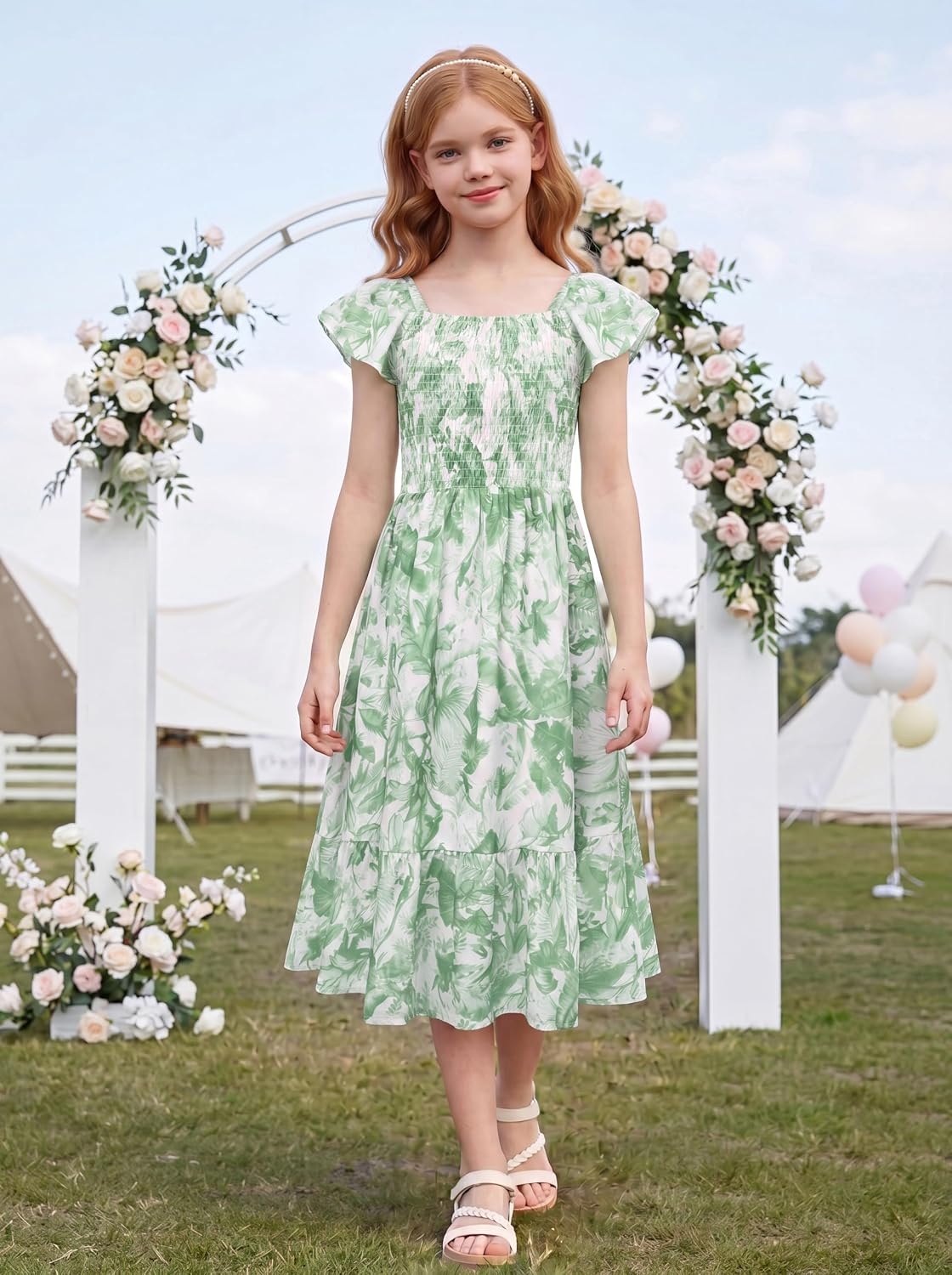 image:imageGRACE KARIN Girls Flutter Sleeve Floral Maxi Dress Spring Summer 616YSage Green Floral