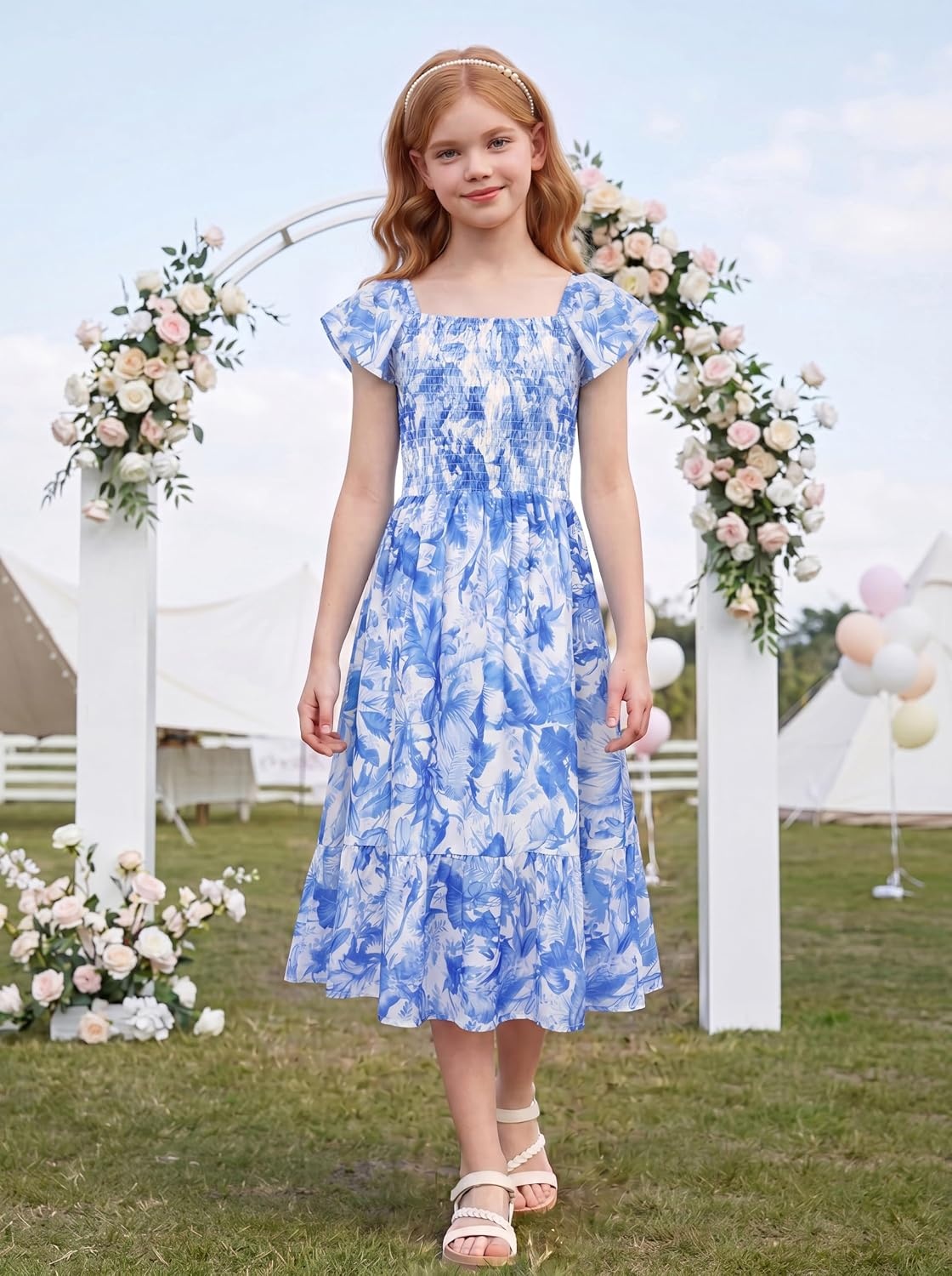 image:imageGRACE KARIN Girls Flutter Sleeve Floral Maxi Dress Spring Summer 616YWhite Blue Floral