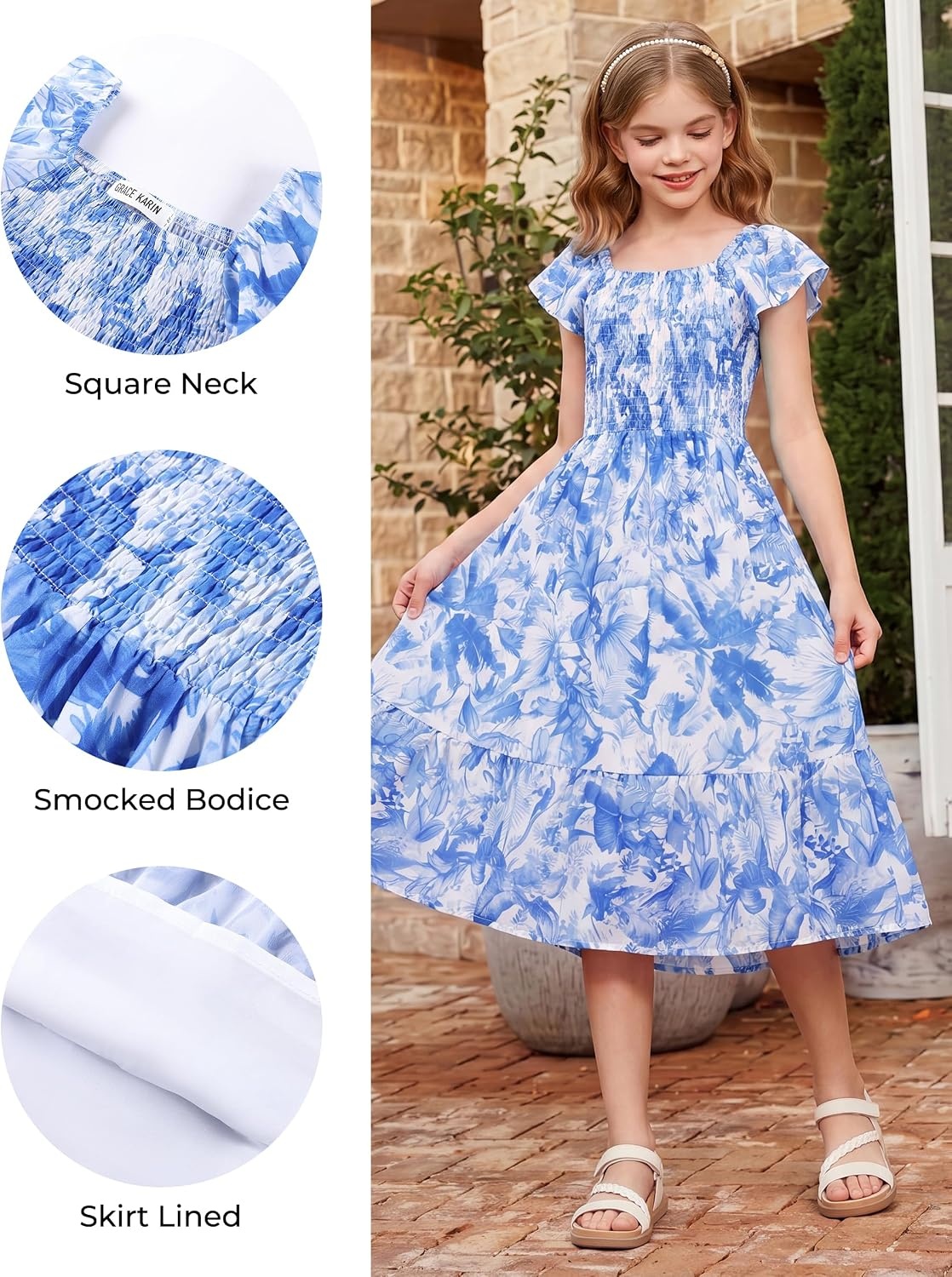 image:imageGRACE KARIN Girls Flutter Sleeve Floral Maxi Dress Spring Summer 616YWhite Blue Floral
