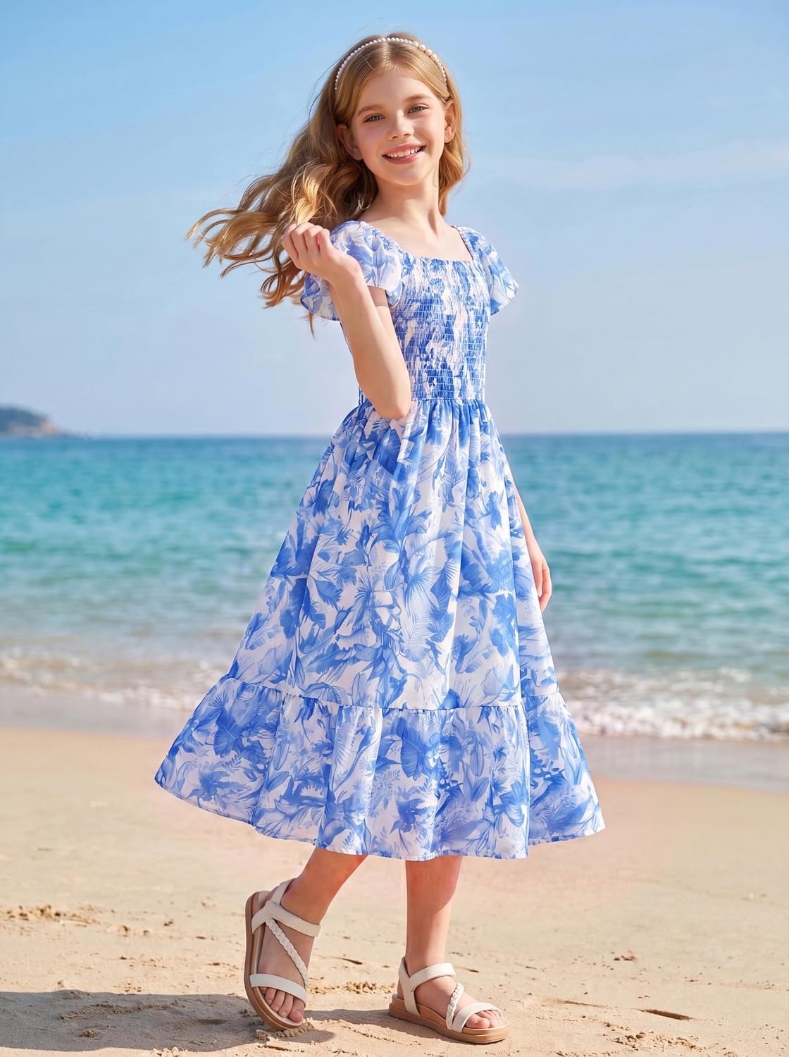 image:imageGRACE KARIN Girls Flutter Sleeve Floral Maxi Dress Spring Summer 616YWhite Blue Floral