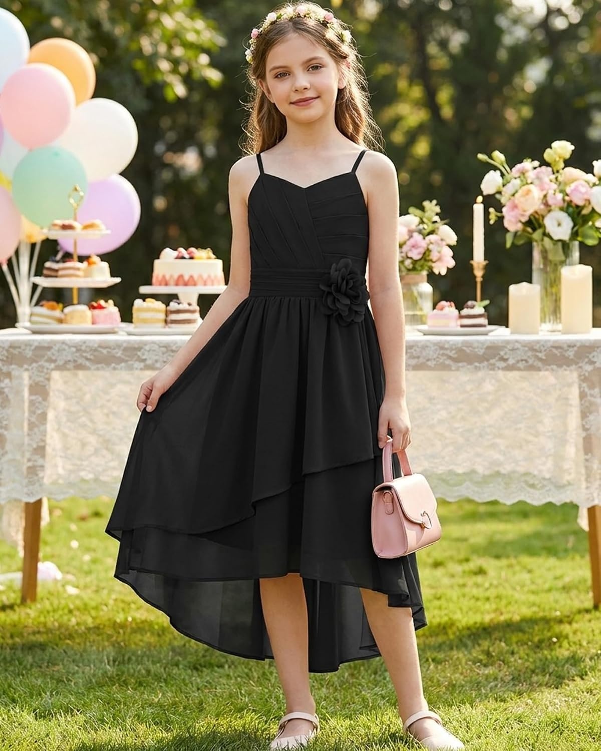 image:imageGRACE KARIN Girls Formal Party Chiffon Shirred High Low Dress Size 716Black