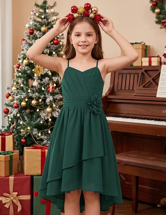 image:imageGRACE KARIN Girls Formal Party Chiffon Shirred High Low Dress Size 716Forest Green