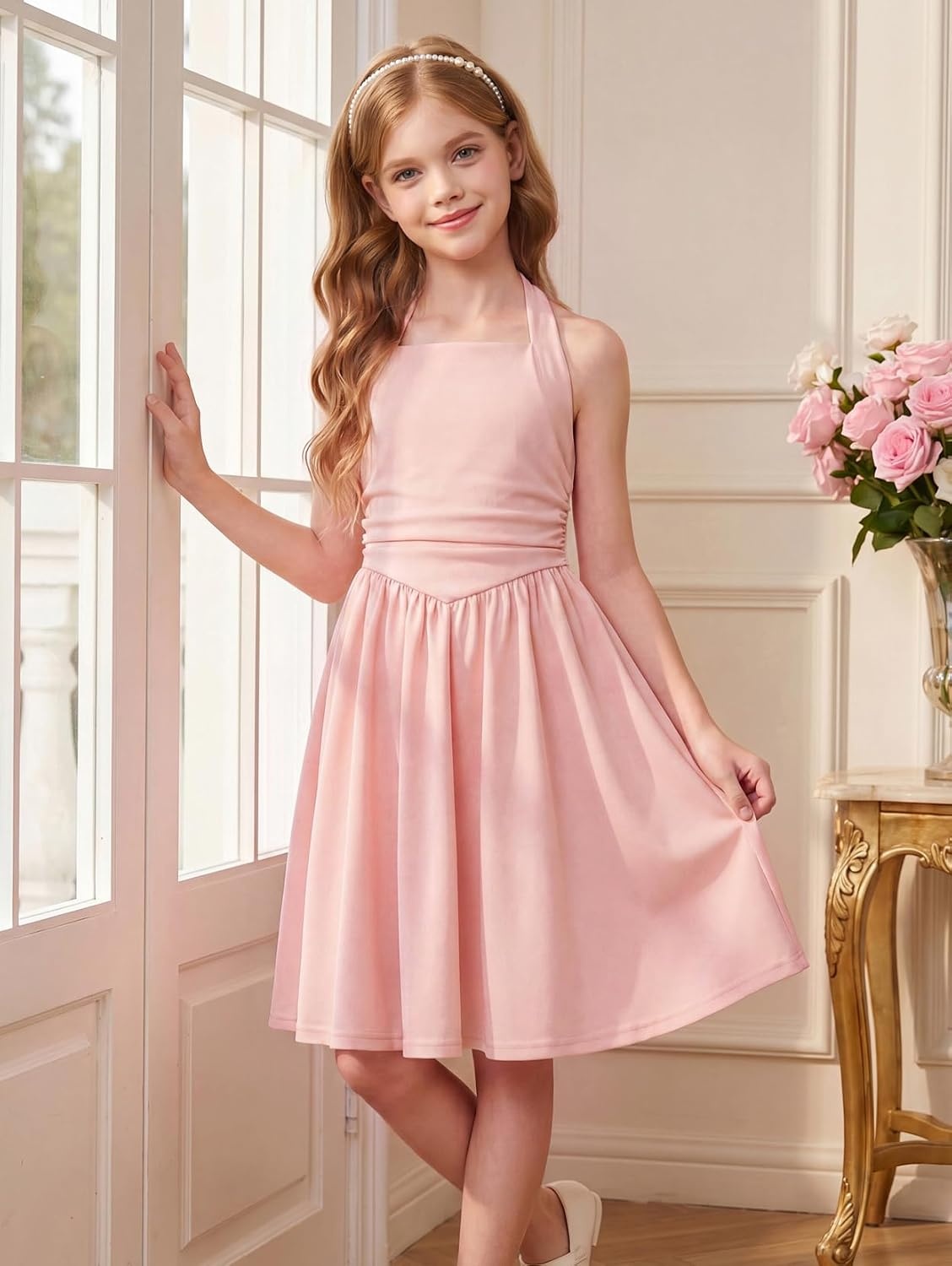 image:imageGRACE KARIN Girls Halter Birthday Party Formal Tie Back Dresses with PocketPink