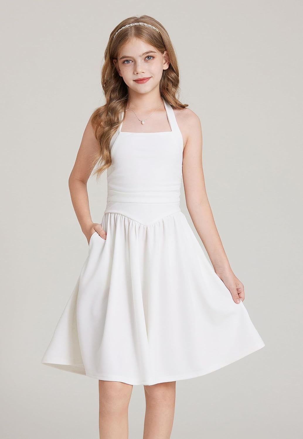 image:imageGRACE KARIN Girls Halter Birthday Party Formal Tie Back Dresses with PocketWhite
