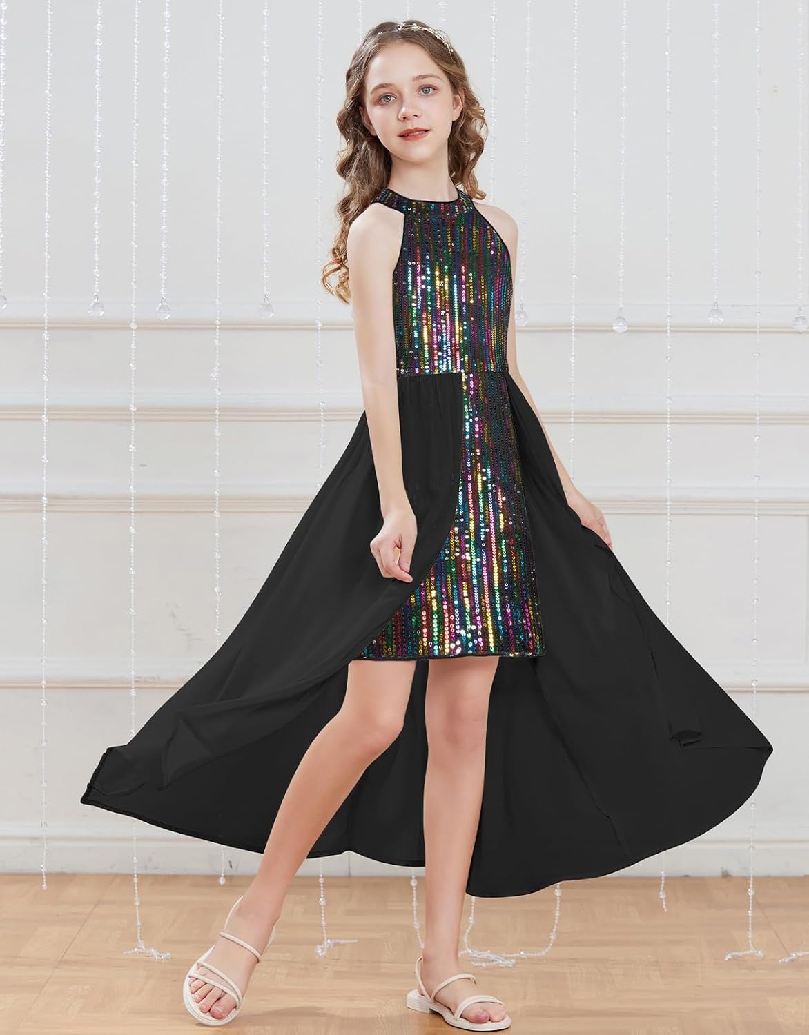 image:imageGRACE KARIN Girls Halter Neck Sequin Dress Kids Fancy Formal Party Christmas Sparkly Pageant Birthday DressesBlack Fantasy Color