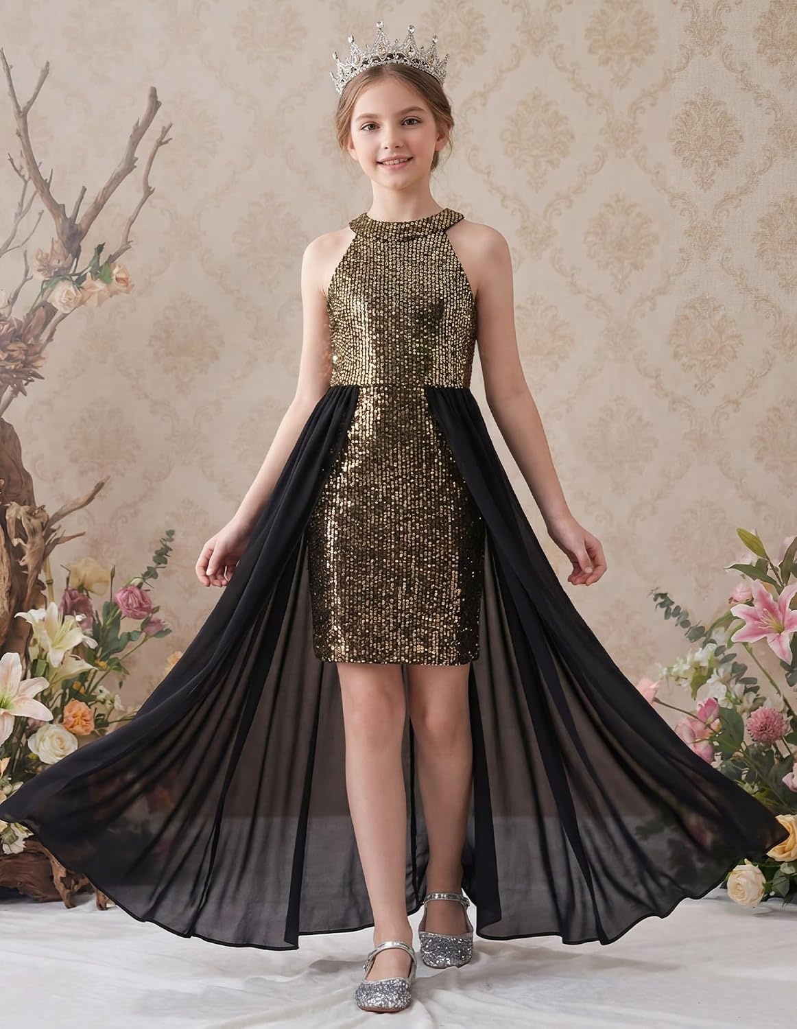 image:imageGRACE KARIN Girls Halter Neck Sequin Dress Kids Fancy Formal Party Christmas Sparkly Pageant Birthday DressesBlack Gold