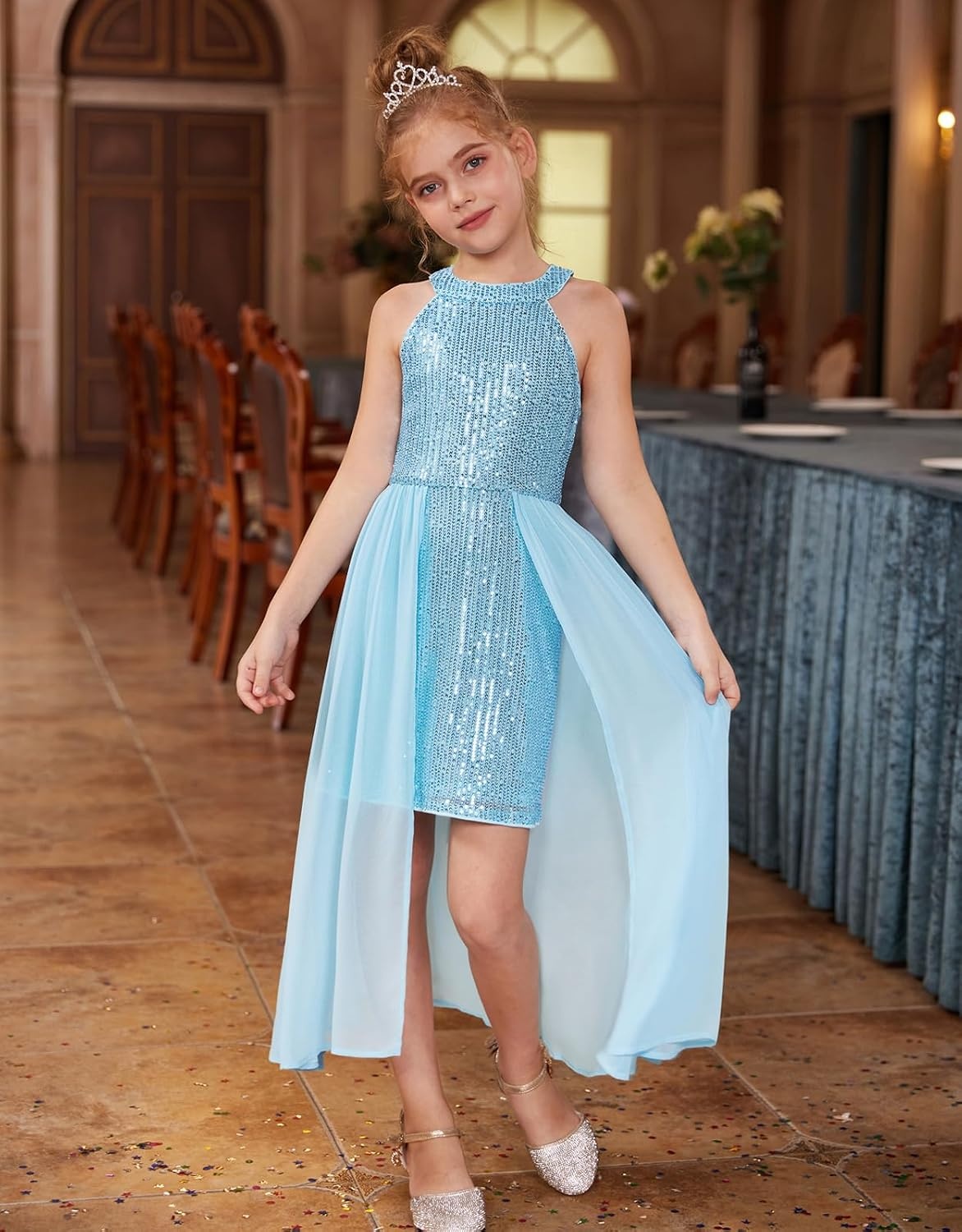 image:imageGRACE KARIN Girls Halter Neck Sequin Dress Kids Fancy Formal Party Christmas Sparkly Pageant Birthday DressesBlue