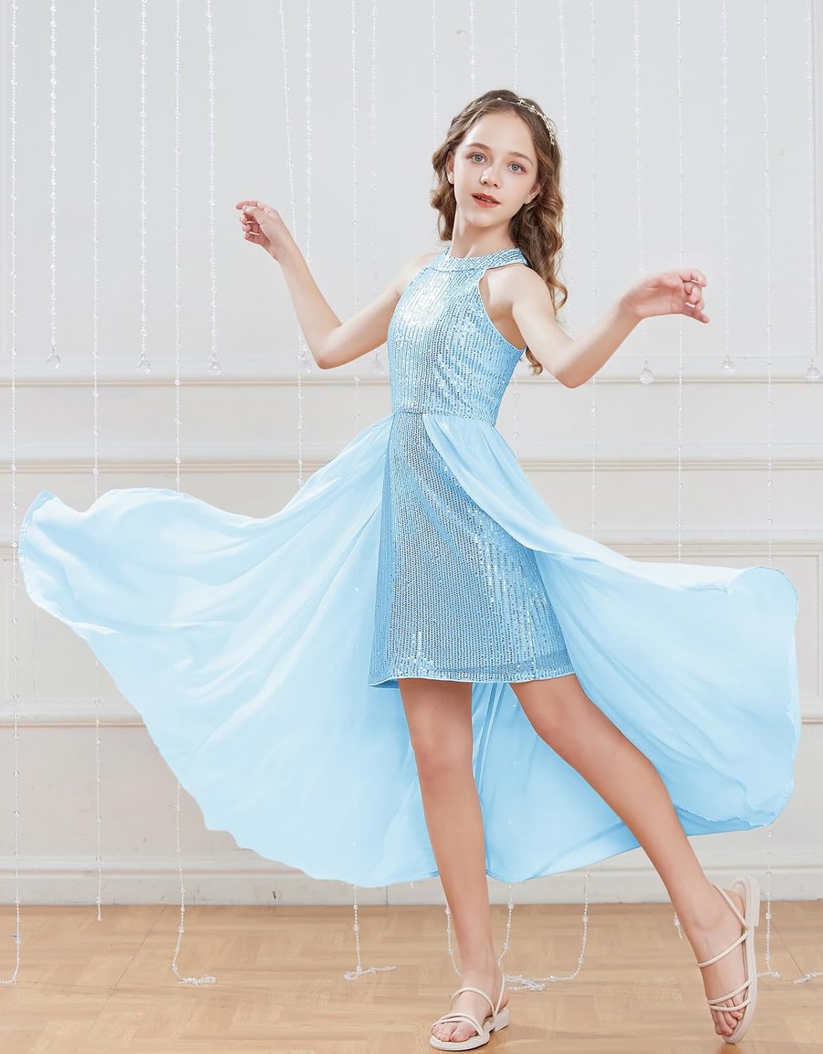 image:imageGRACE KARIN Girls Halter Neck Sequin Dress Kids Fancy Formal Party Christmas Sparkly Pageant Birthday DressesBlue