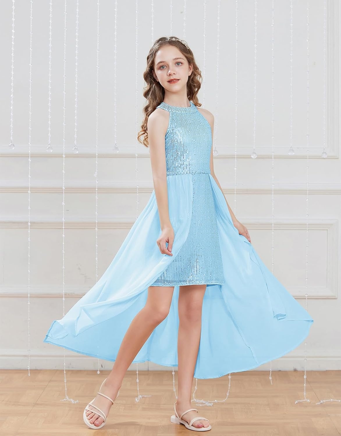 image:imageGRACE KARIN Girls Halter Neck Sequin Dress Kids Fancy Formal Party Christmas Sparkly Pageant Birthday DressesBlue