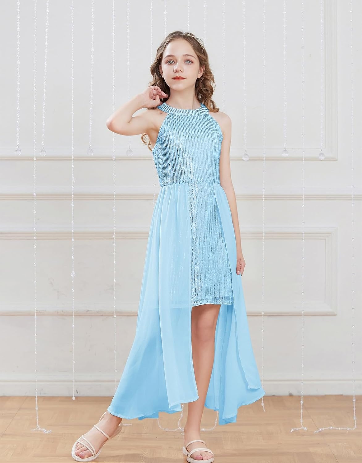 image:imageGRACE KARIN Girls Halter Neck Sequin Dress Kids Fancy Formal Party Christmas Sparkly Pageant Birthday DressesBlue