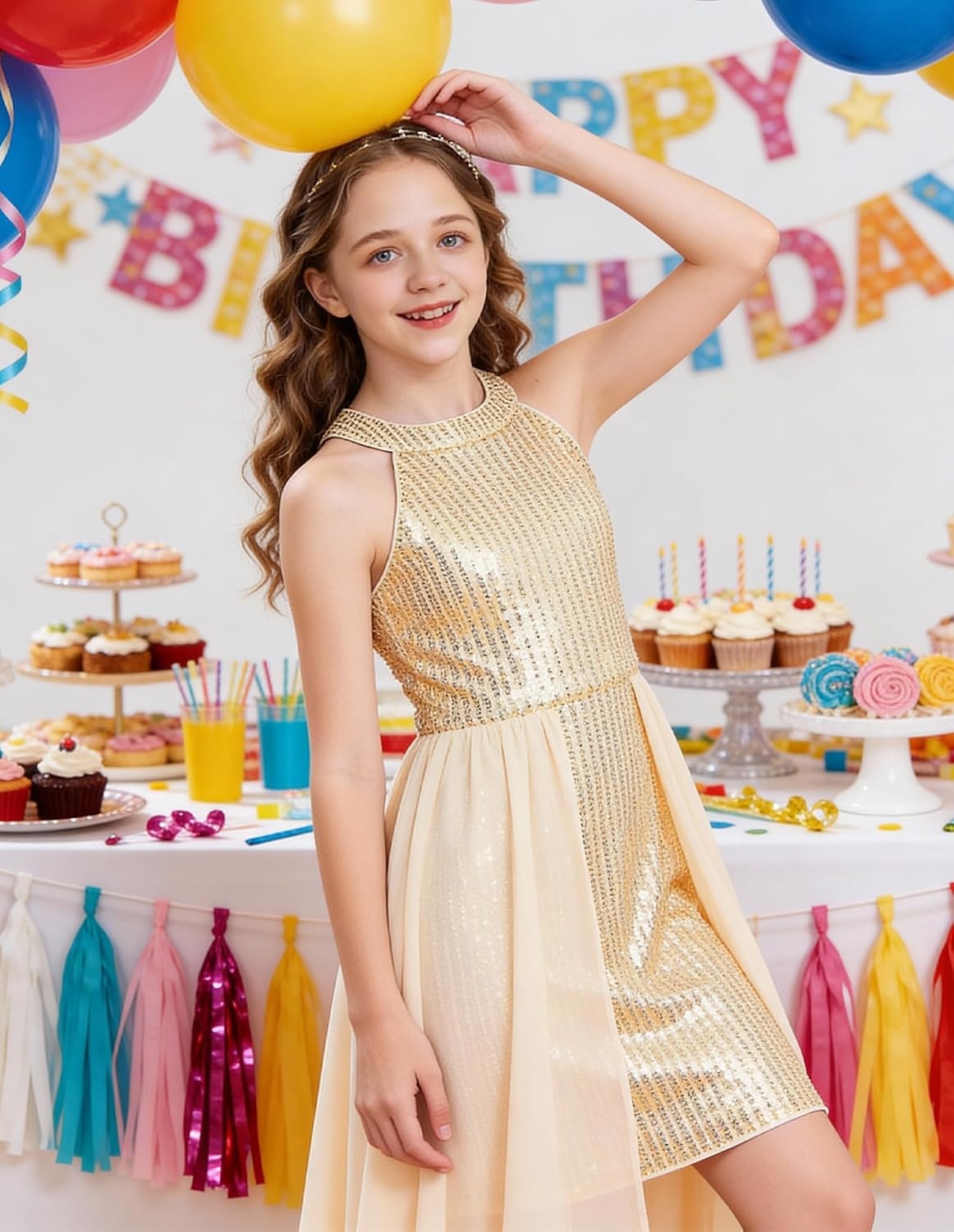 image:imageGRACE KARIN Girls Halter Neck Sequin Dress Kids Fancy Formal Party Christmas Sparkly Pageant Birthday DressesGold