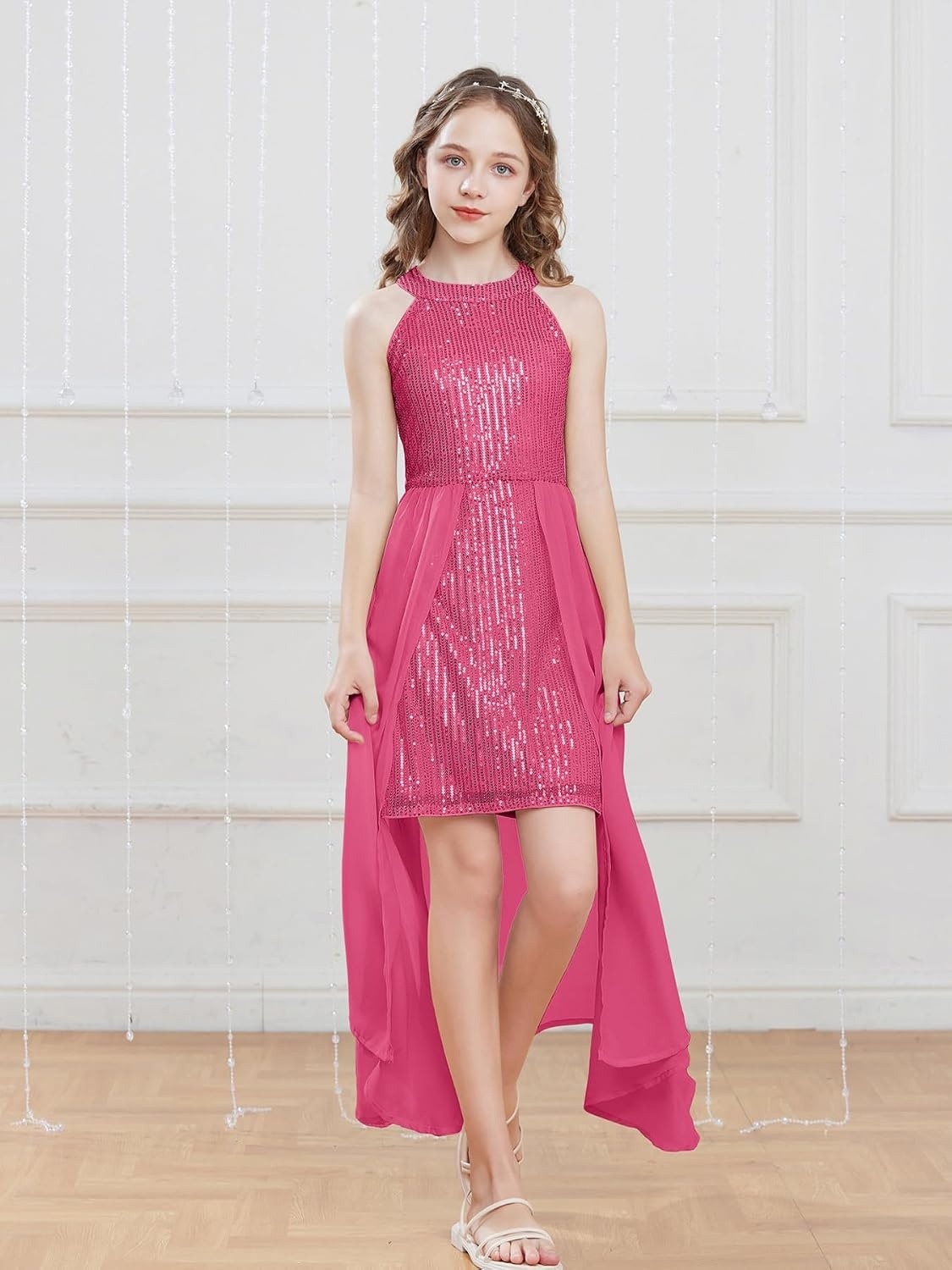 image:imageGRACE KARIN Girls Halter Neck Sequin Dress Kids Fancy Formal Party Christmas Sparkly Pageant Birthday DressesHot Pink