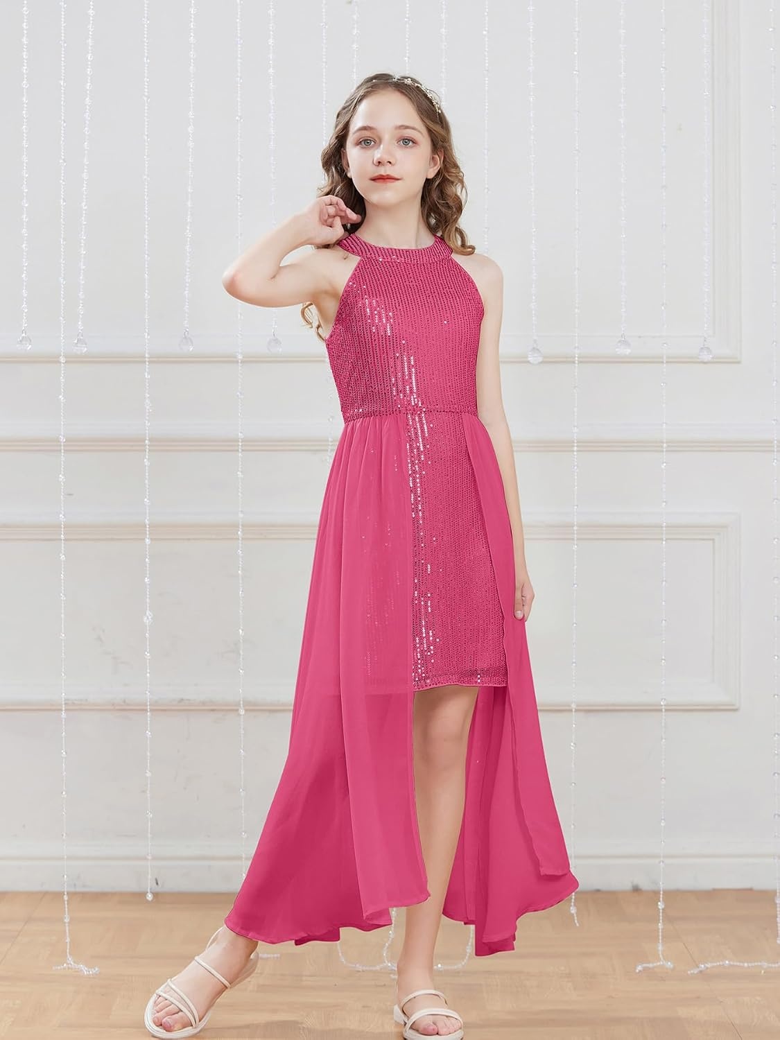 image:imageGRACE KARIN Girls Halter Neck Sequin Dress Kids Fancy Formal Party Christmas Sparkly Pageant Birthday DressesHot Pink