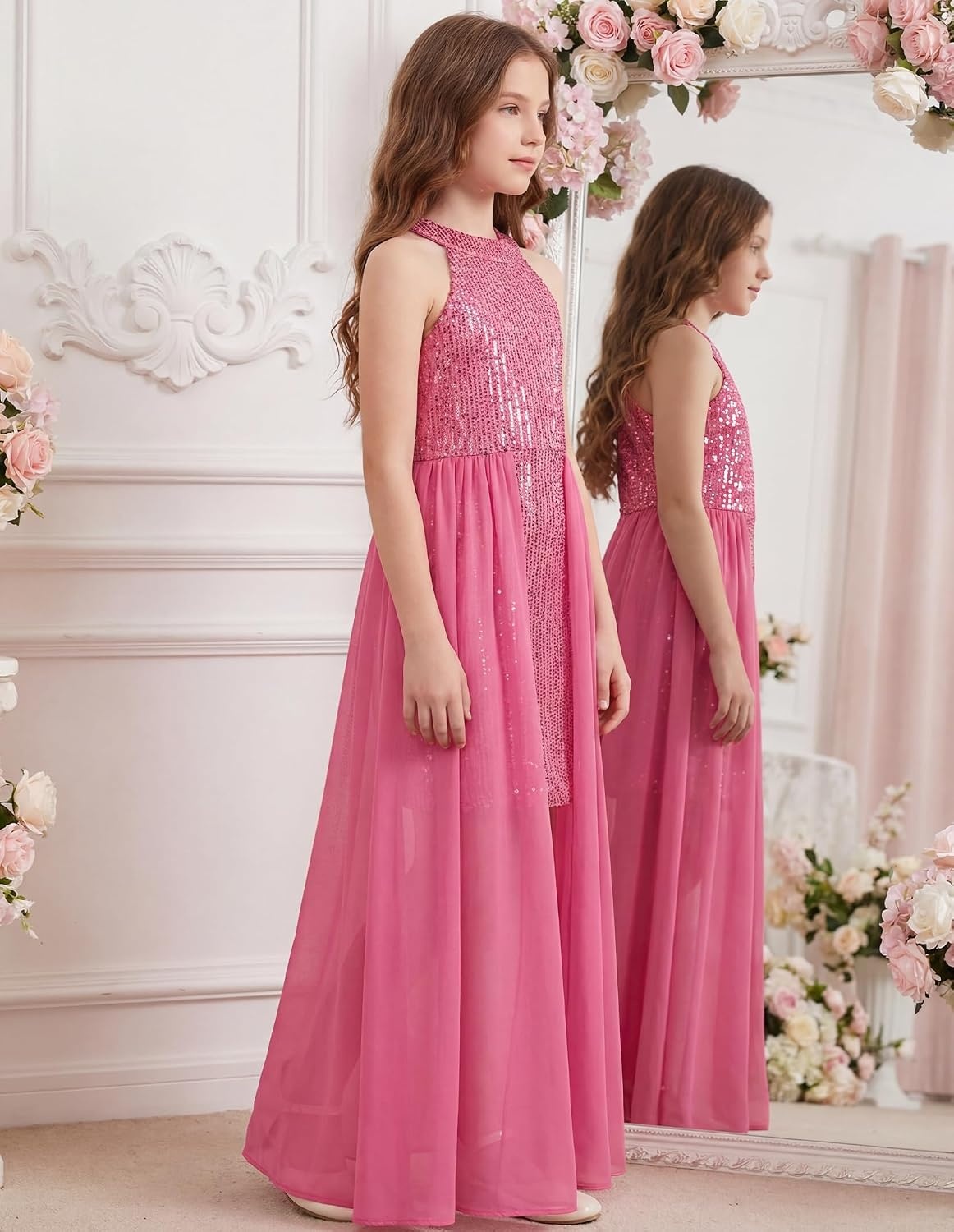 image:imageGRACE KARIN Girls Halter Neck Sequin Dress Kids Fancy Formal Party Christmas Sparkly Pageant Birthday DressesHot Pink