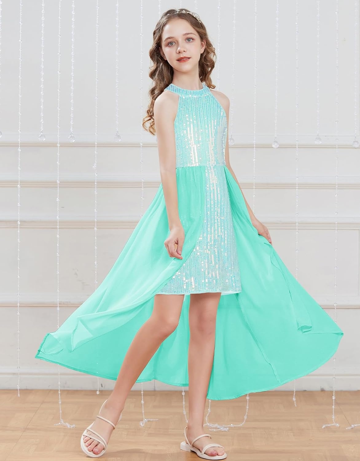image:imageGRACE KARIN Girls Halter Neck Sequin Dress Kids Fancy Formal Party Christmas Sparkly Pageant Birthday DressesLight Blue