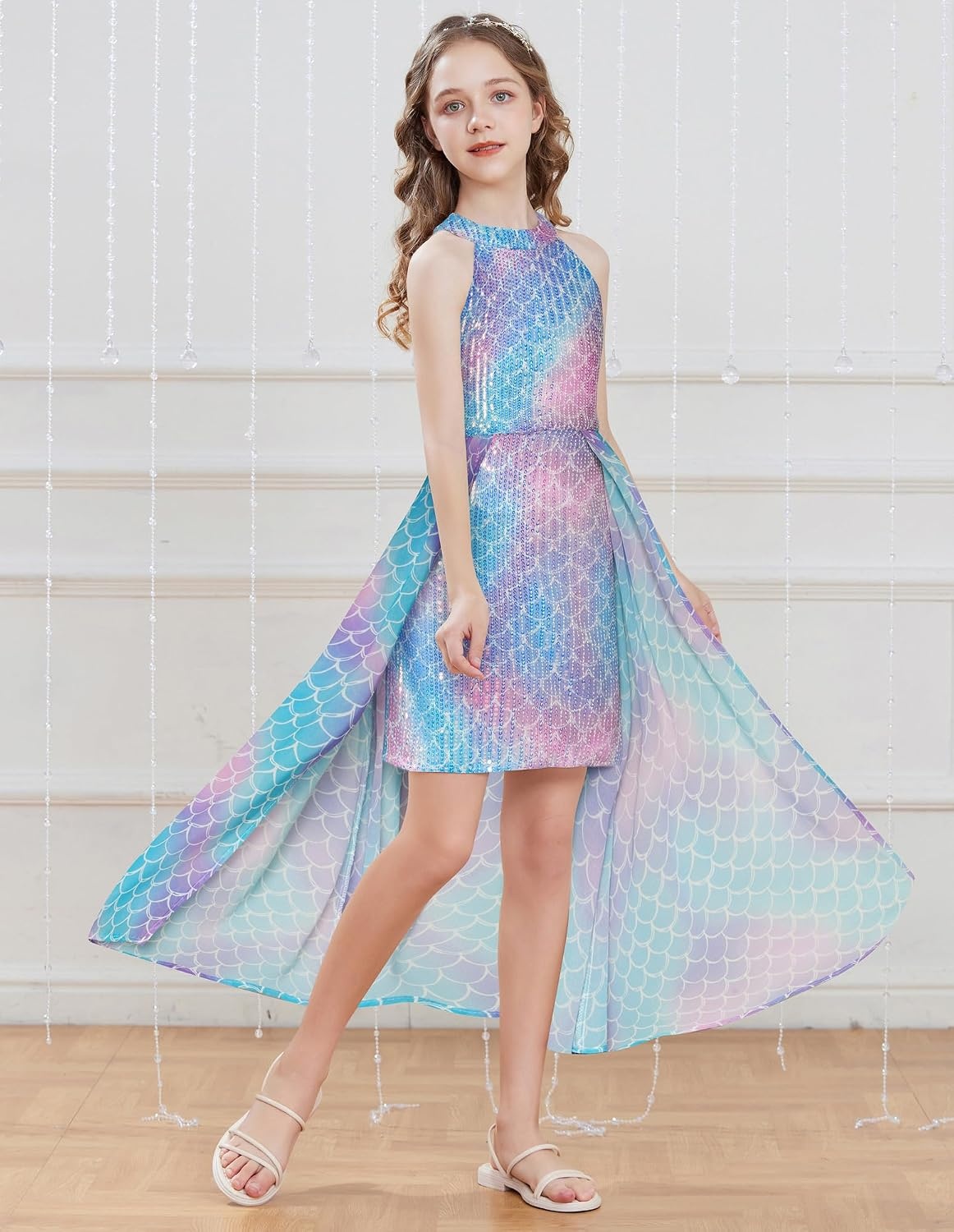 image:imageGRACE KARIN Girls Halter Neck Sequin Dress Kids Fancy Formal Party Christmas Sparkly Pageant Birthday DressesMermaid