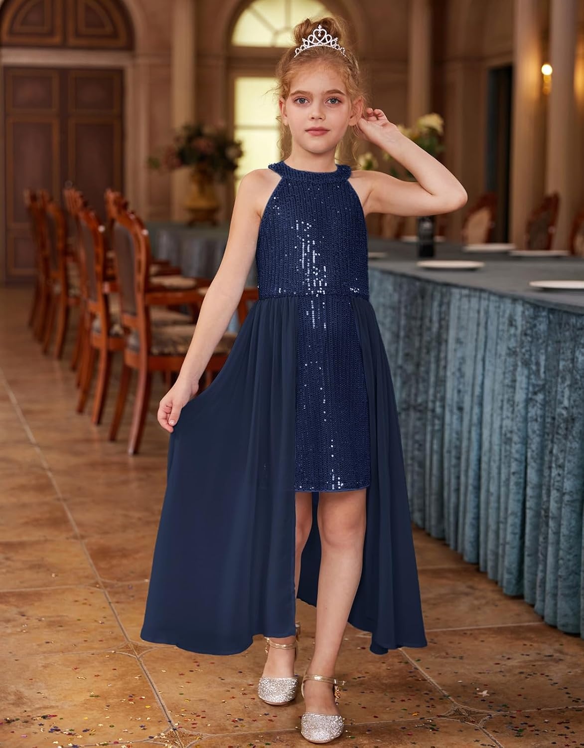 image:imageGRACE KARIN Girls Halter Neck Sequin Dress Kids Fancy Formal Party Christmas Sparkly Pageant Birthday DressesNavy Blue