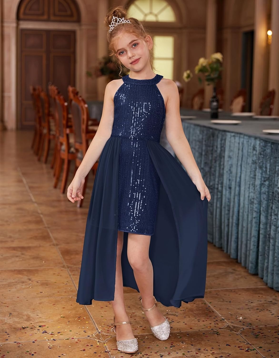 image:imageGRACE KARIN Girls Halter Neck Sequin Dress Kids Fancy Formal Party Christmas Sparkly Pageant Birthday DressesNavy Blue