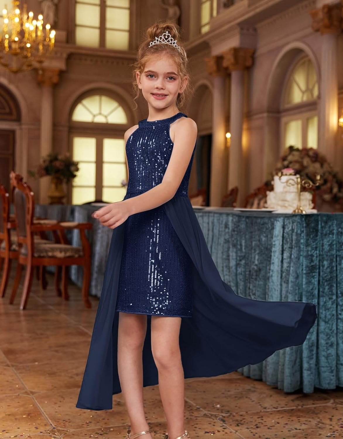 image:imageGRACE KARIN Girls Halter Neck Sequin Dress Kids Fancy Formal Party Christmas Sparkly Pageant Birthday DressesNavy Blue