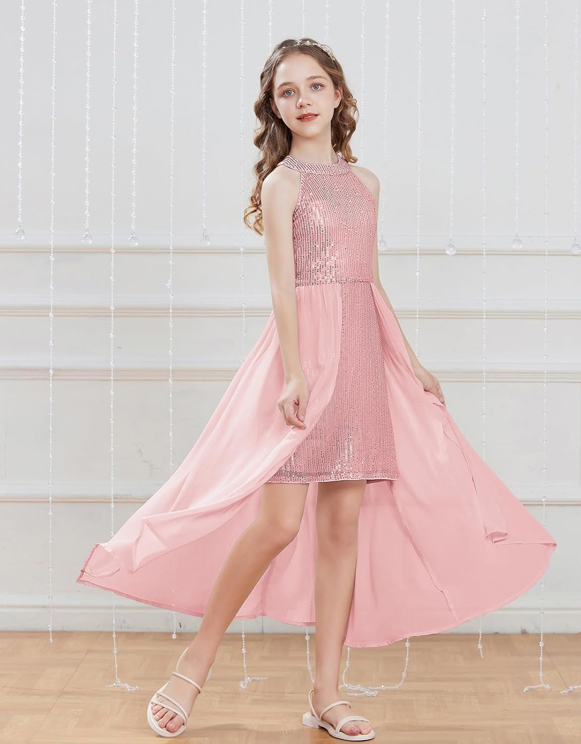 image:imageGRACE KARIN Girls Halter Neck Sequin Dress Kids Fancy Formal Party Christmas Sparkly Pageant Birthday DressesPink