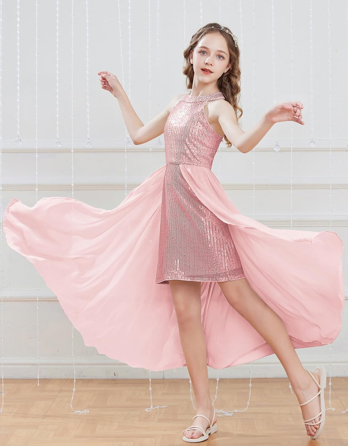 image:imageGRACE KARIN Girls Halter Neck Sequin Dress Kids Fancy Formal Party Christmas Sparkly Pageant Birthday DressesPink