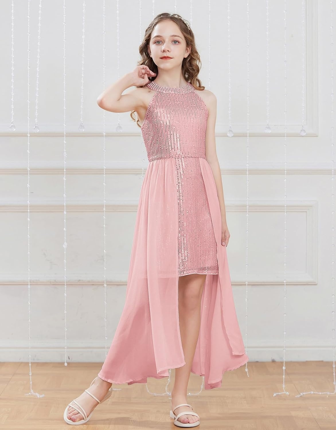 image:imageGRACE KARIN Girls Halter Neck Sequin Dress Kids Fancy Formal Party Christmas Sparkly Pageant Birthday DressesPink
