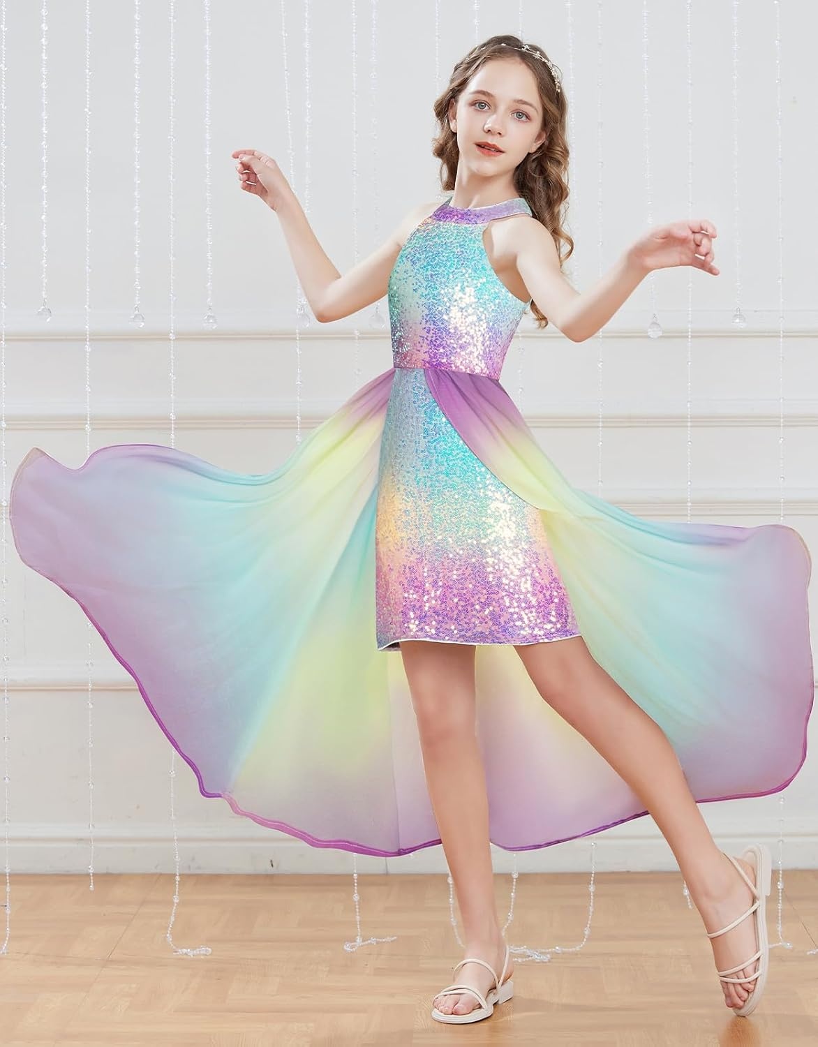 image:imageGRACE KARIN Girls Halter Neck Sequin Dress Kids Fancy Formal Party Christmas Sparkly Pageant Birthday DressesRainbow Color