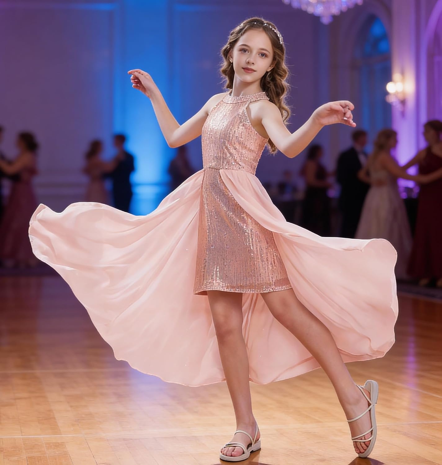image:imageGRACE KARIN Girls Halter Neck Sequin Dress Kids Fancy Formal Party Christmas Sparkly Pageant Birthday DressesRose Gold
