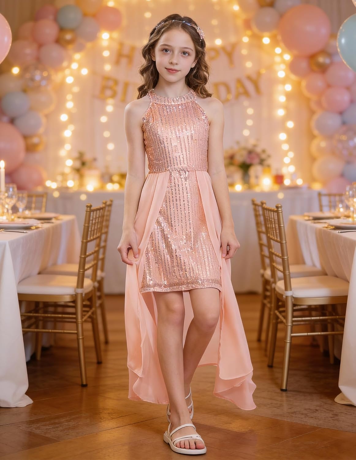 image:imageGRACE KARIN Girls Halter Neck Sequin Dress Kids Fancy Formal Party Christmas Sparkly Pageant Birthday DressesRose Gold