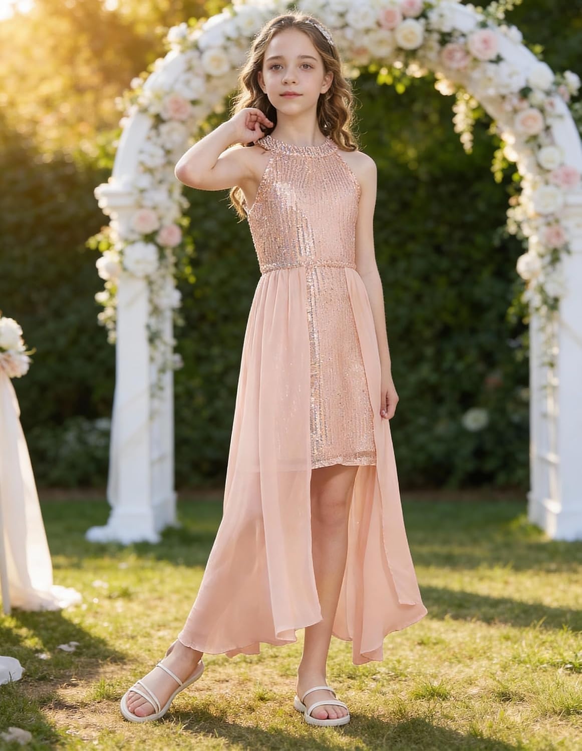 image:imageGRACE KARIN Girls Halter Neck Sequin Dress Kids Fancy Formal Party Christmas Sparkly Pageant Birthday DressesRose Gold