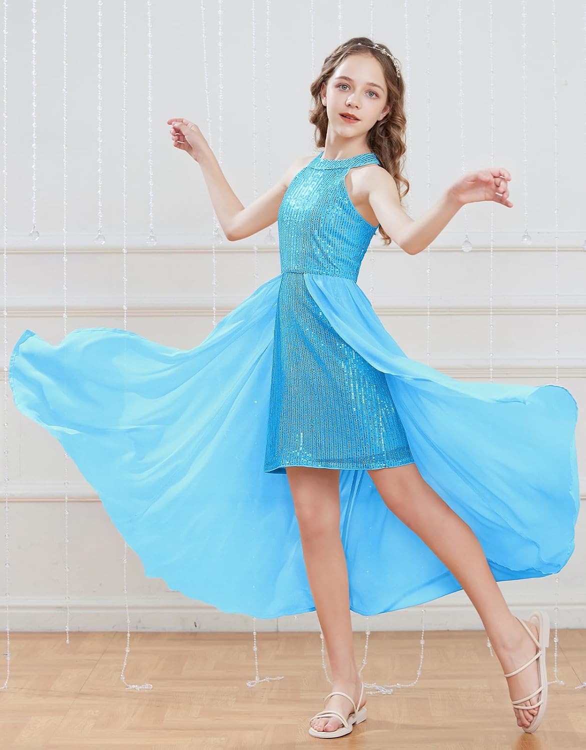 image:imageGRACE KARIN Girls Halter Neck Sequin Dress Kids Fancy Formal Party Christmas Sparkly Pageant Birthday DressesSky Blue