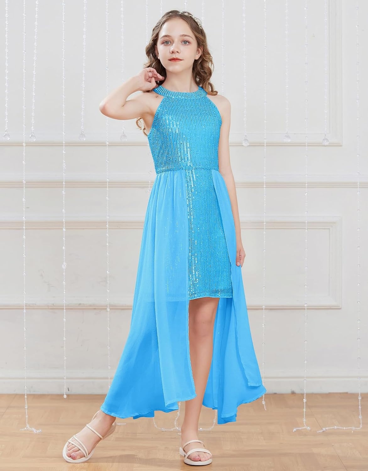 image:imageGRACE KARIN Girls Halter Neck Sequin Dress Kids Fancy Formal Party Christmas Sparkly Pageant Birthday DressesSky Blue