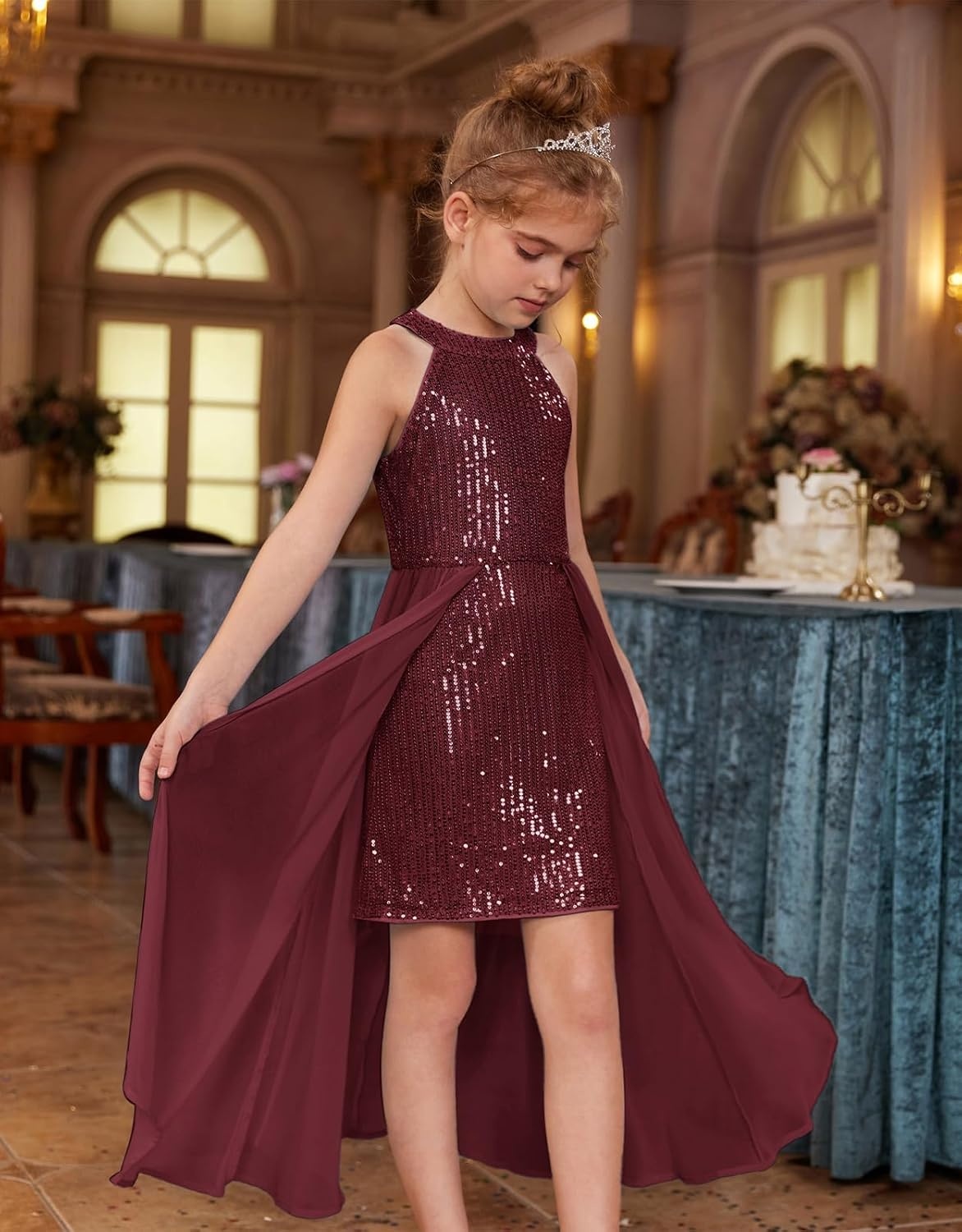 image:imageGRACE KARIN Girls Halter Neck Sequin Dress Kids Fancy Formal Party Christmas Sparkly Pageant Birthday DressesWine Red