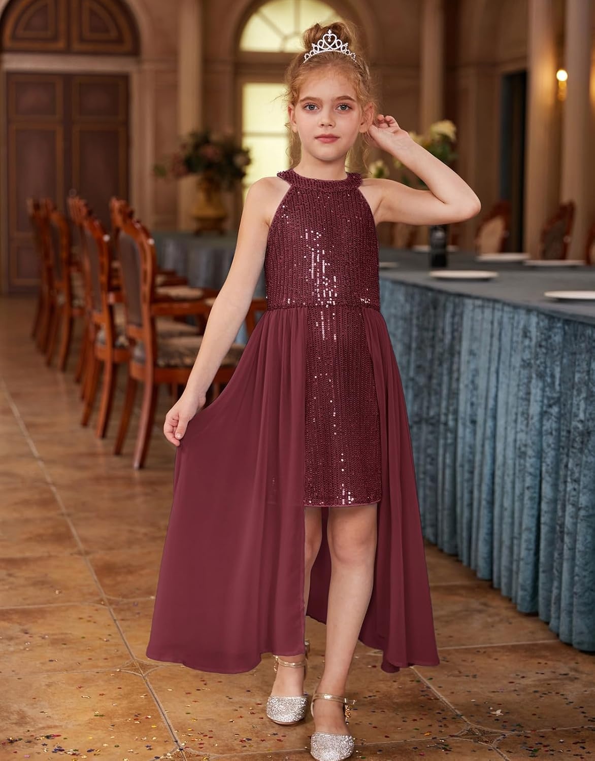 image:imageGRACE KARIN Girls Halter Neck Sequin Dress Kids Fancy Formal Party Christmas Sparkly Pageant Birthday DressesWine Red